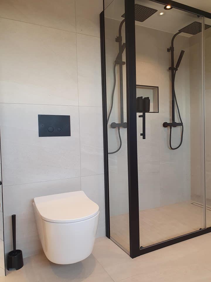 A walk-in shower with black fittings beside a wall-hung toilet